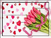 Serduszka, Walentynki, Różowe, Tulipany, Wstążka