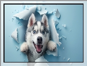 Pies, Dziura, Ściana, Siberian husky, Niebieska
