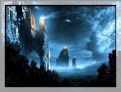 Skały, Fantasy, Chmury, Ogień