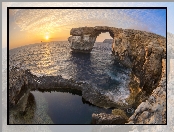 Skały, Morze, Azure Window, Most skalny, Rybie oko, Wschód słońca, Efekt graficzny, Lazurowe Okno, Malta