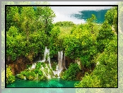 Wodospady, Park Narodowy Jezior Plitwickich, Chorwacja, Jeziora, Drzewa, Rośliny, Skały