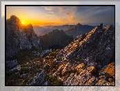 Tasmania, Zachód słońca, Arthur Range, Australia, Góry, Skały