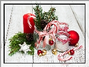 Świerk, Boże Narodzenie, Świąteczna dekoracja, Bombki, Szyszki, Świece, Słoiczki