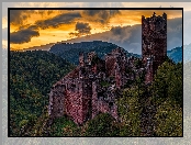 Castle Saint-Ulrich, Ruiny, Zachód słońca, Lasy, Francja, Zamek, Ribeauville, Góry, Chmury