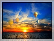 Słońca, Balony, Morze, Chmury, Zachód