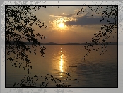 Słońca, Jezioro, Drzewa, Góry, Zachód