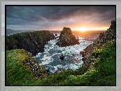 Hrabstwo Donegal, Przylądek Malin Head, Zachód słońca, Irlandia, Morze, Skały, Chmury