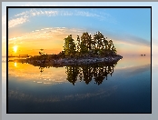 Wschód słońca, Wysepka, Jezioro Ładoda, Rosja, Drzewa, Karelia