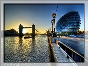 Słońca, Tower Bridge, Tamiza, Londyn, Zachód
