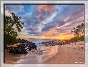 Zachód słońca, Wyspa Maui, Hawaje, Chmury, Morze, Palmy