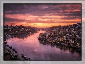 Wschód słońca, Miasto Porto, Rzeka Duero, Domy, Portugalia