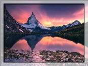Jezioro, Góry Alpy Zachodnie, Szwajcaria, Odbicie, Szczyt Matterhorn, Zachód słońca