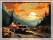 Samochód, Góry, Zachód słońca, Droga, Grafika 2D
