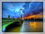 Zachód Słońca, Rzeka, Most, Anglia, Chmury, Londyn
