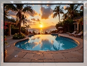 Basen, Morze, Zachód słońca, Palmy, Grafika AI