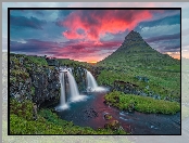 Zachód Słońca, Rzeka, Wodospad, Islandia, Góry, Mostek