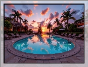 Basen, Palmy, Zachód słońca, Dom, Grafika AI