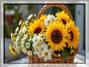 Bukiet, Koszyk, Kwiaty, Słoneczniki