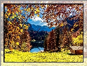 Góry, Jesień, Jezioro, Słoneczny blask, Drzewa, Chata