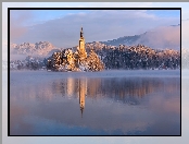Słowenia, Kościół, Jezioro Bled, Zima