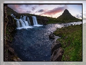Chmury, Rzeka, Góra Kirkjufell, Islandia, Wodospad Kirkjufellsfoss, Półwysep Snaefellsnes