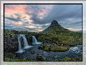 Chmury, Wodospad Kirkjufellsfoss, Góra Kirkjufell, Islandia, Rzeka, Półwysep Snaefellsnes