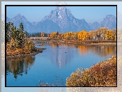 Snake River, Park Narodowy Grand Teton, Drzewa, Góry, Stany Zjednoczone, Rzeka, Stan Wyoming, Teton Range, Jesień