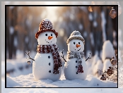 Zima, Dwa, Szaliki, Śnieg, Czapki, Bałwanki