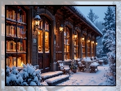 Śnieg, Krzesła, Ośnieżone, Książki, Drzewa, Zima, Biblioteka, Półki, Dom, AI