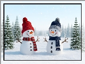 Drzewa, Zima, Ośnieżone, Śnieg, Bałwany, Dwa