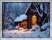 Śnieg, Latarnie, Las, Światła, Drzewa, Zima, Noc, Dom, Krzewy, AI