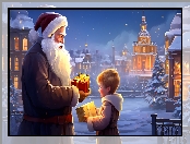 Światła, Zima, Mikołaj, Śnieg, Dziecko, Miasto, Prezenty