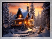 Noc, Drzewa, Światła, Zima, Ośnieżone, 2D, Dom, Śnieg