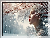 Gałązki, Kobieta, Oczy, Śnieg, Zamknięte, Twarz