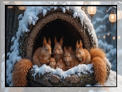 Wiewiórki, Śnieg, Zima, Dziupla, Lampiony