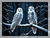 Dwie, Zima, Gałąź, Sowy śnieżne, Noc