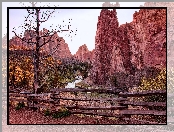 Stan Oregon, Skały, Smith Rock State Park, Ogrodzenie, Rzeka Crooked River, Stany Zjednoczone