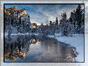 Stany Zjednoczone, Las, Rzeka Merced, Stan Kalifornia, Park Narodowy Yosemite, Zima, Góry
