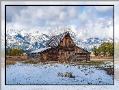 Chata, Stodoła, Drzewa, Góry, Stany Zjednoczone, Drewniana, Wyoming, Teton Range, Park Narodowy Grand Teton