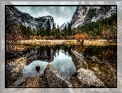 Stany Zjednoczone, Drzewa, Park Narodowy Yosemite, Jezioro Mirror Lake, Stan Kalifornia, Góry, Szczyt Half Dome, Skały