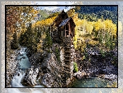 Młyn Crystal Mill, Stan Kolorado, Stany Zjednoczone, Skały, Jesień, Rzeka Crystal River
