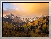 Wschód słońca, Góry, Stany Zjednoczone, Las, Drzewa, Kolorowe, Jesień, Mount Sneffels, Stan Kolorado