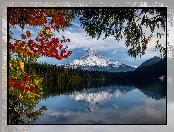 Stratowulkan Mount Hood, Stan Oregon, Stany Zjednoczone, Drzewa, Góra, Jezioro Lost Lake