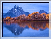 Stany Zjednoczone, Drzewa, Park Narodowy Grand Teton, Jesień, Stan Wyoming, Rzeka Snake River, Góry, Szczyt Mount Moran