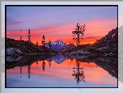 Stany Zjednoczone, Drzewa, Góry, Odbicie, Stan Kalifornia, Stratowulkan Mount Shasta, Jezioro Castle Lake, Zachód słońca