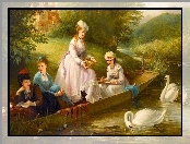 Łabędź, Cztery, Kobiety, Staw, Łódka