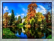 Staw, Jesień, Dom, Drzewa