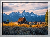 Stodoła, Stan Wyoming, Chata, Stany Zjednoczone, Drewniana, Góry Teton Range, Drzewa, Park Narodowy Grand Teton