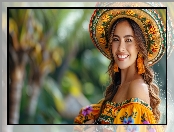 Kolczyki, Uśmiechnięta, Kapelusz, Sukienka, Kobieta, Długowłosa