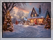 Choinki, Wieczór, Śnieg, Drzewa, Droga, Zima, Światła, Ośnieżone, Domy, Boże Narodzenie